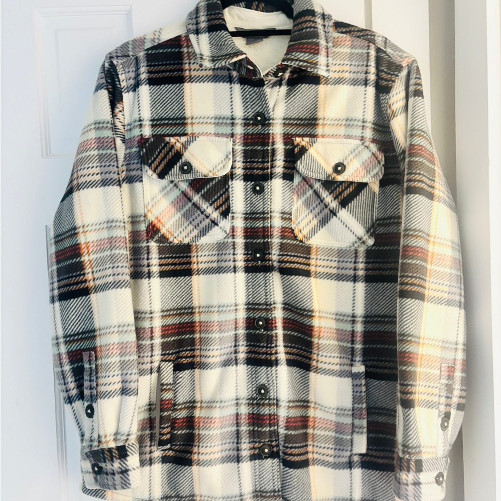 Natural Reflections Plaid Shirt Jacket - Black and cream,orange and pink